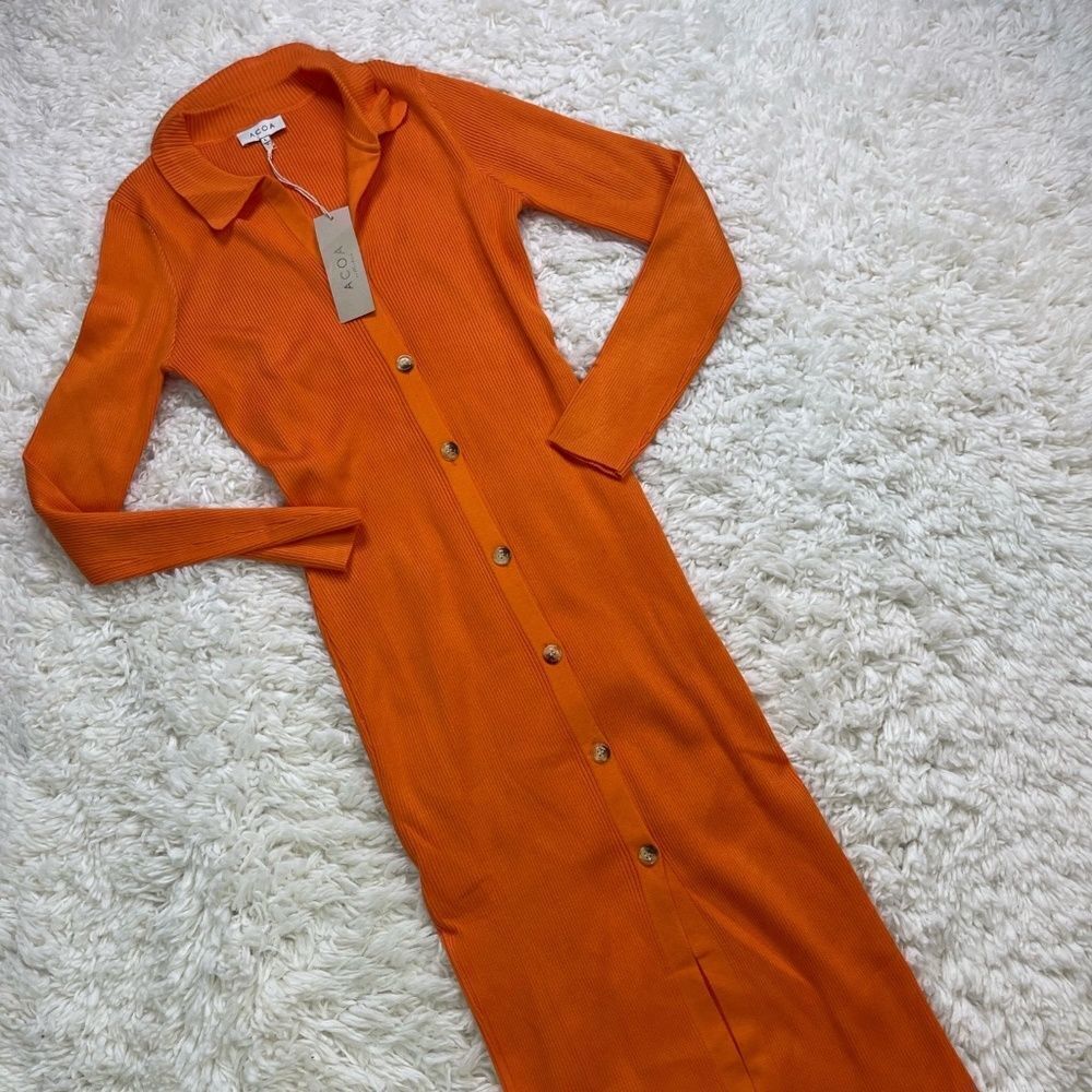 ACOA Orange Knit Button Up Collared Maxi Dress